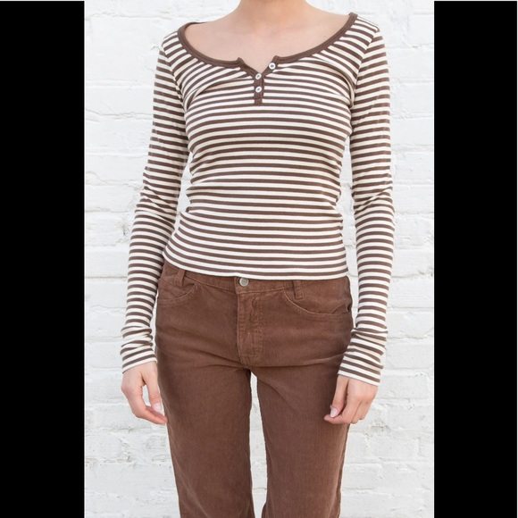 Brandy Melville brown striped Zelly 3 button top - Picture 1 of 6